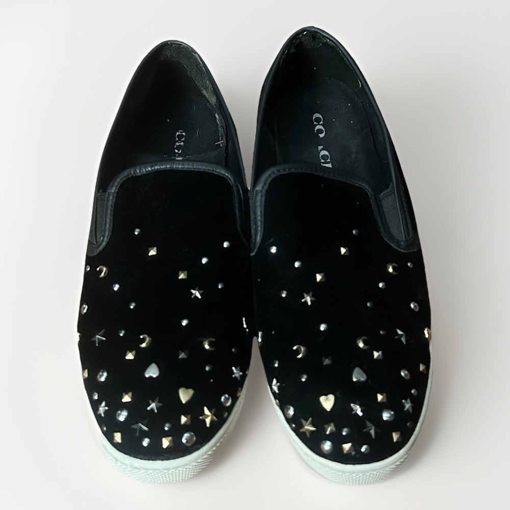 Coach FG1848 Velvet Studded Slip-On Sneakers Black Gold Silver Stars Moons 9B